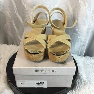 Jimmy Choo Beige Patent Cork Platform Sandals in Tan color